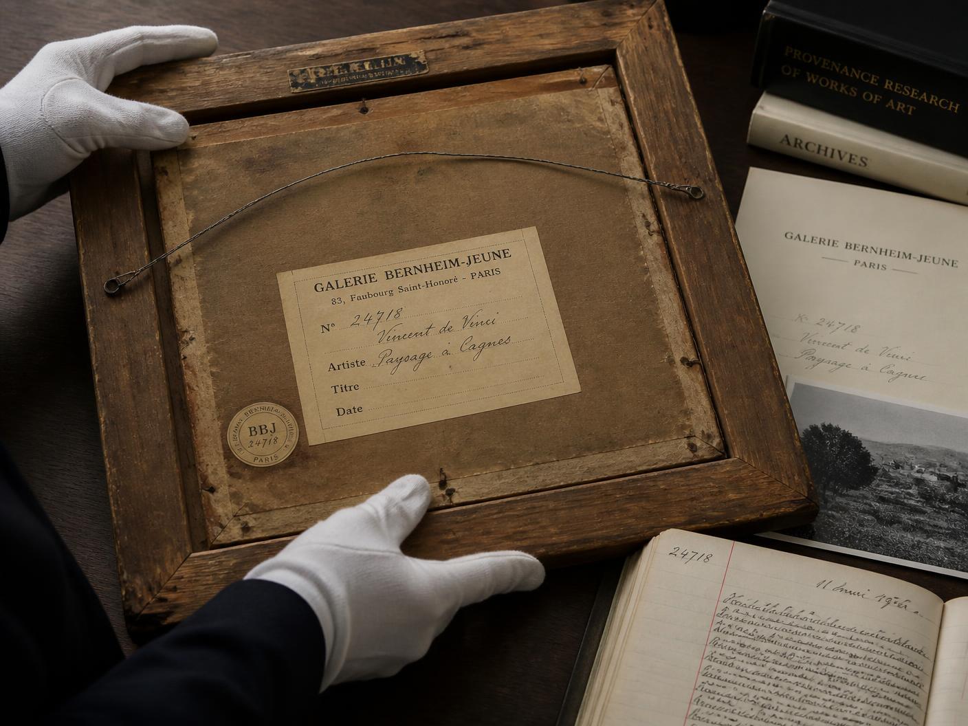 White-gloved hands examining a gallery provenance label on the back of a framed painting