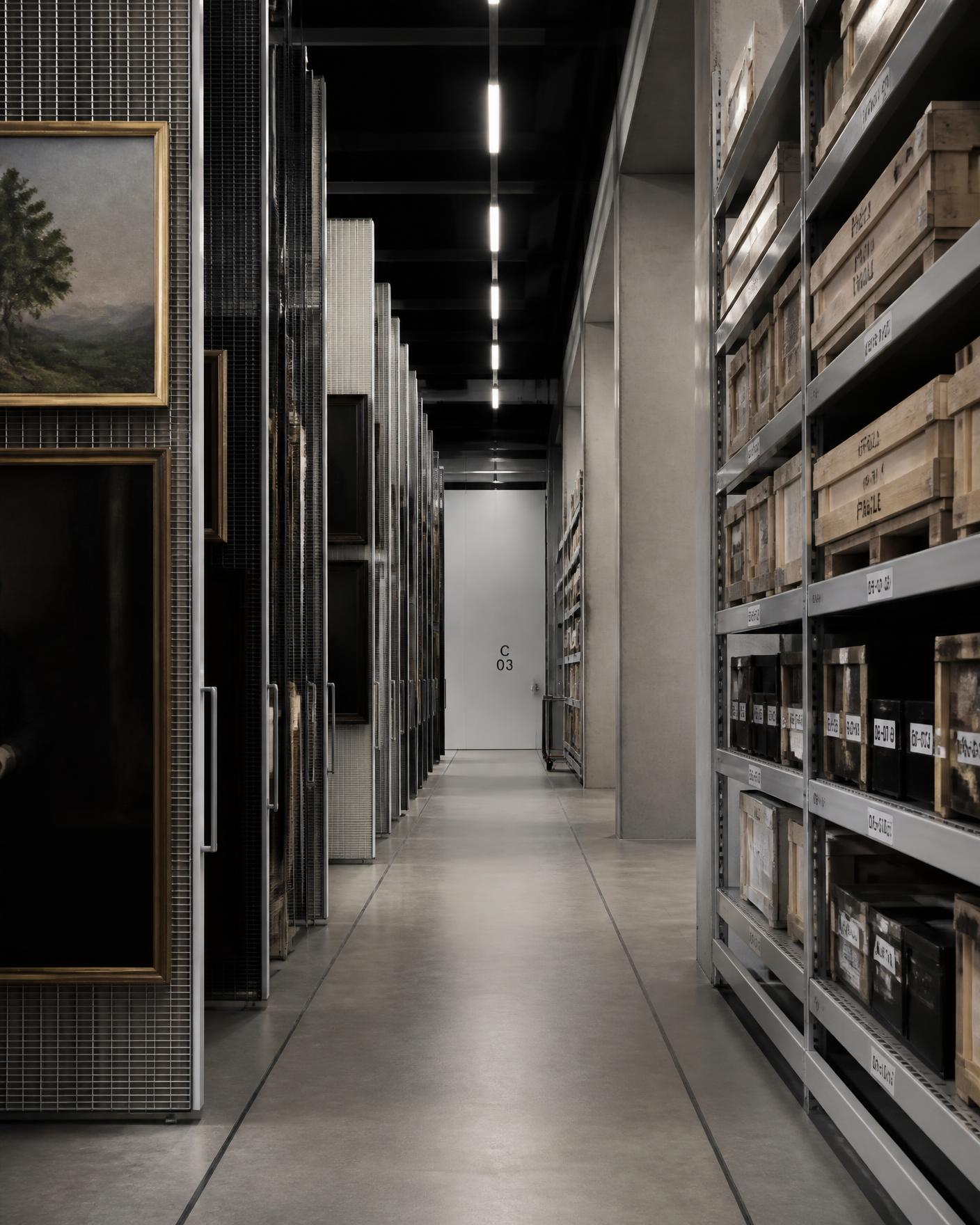 Art storage racking room with paintings on sliding screens and labelled crates