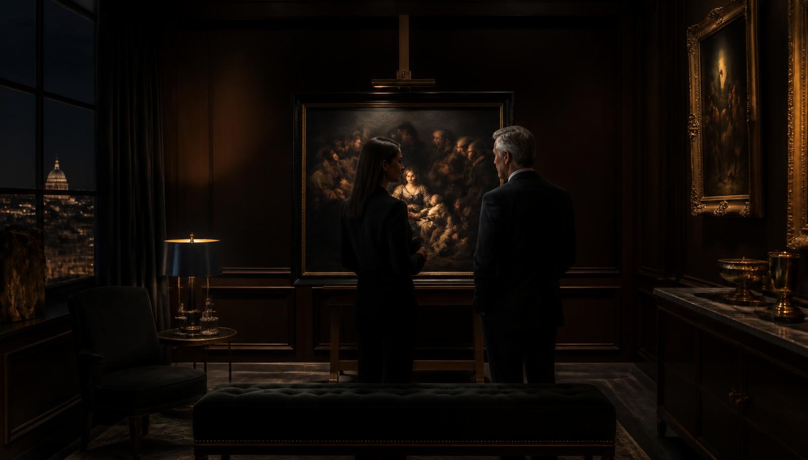 A gallerist and collector in conversation in a private viewing room lit by a single spotlit painting